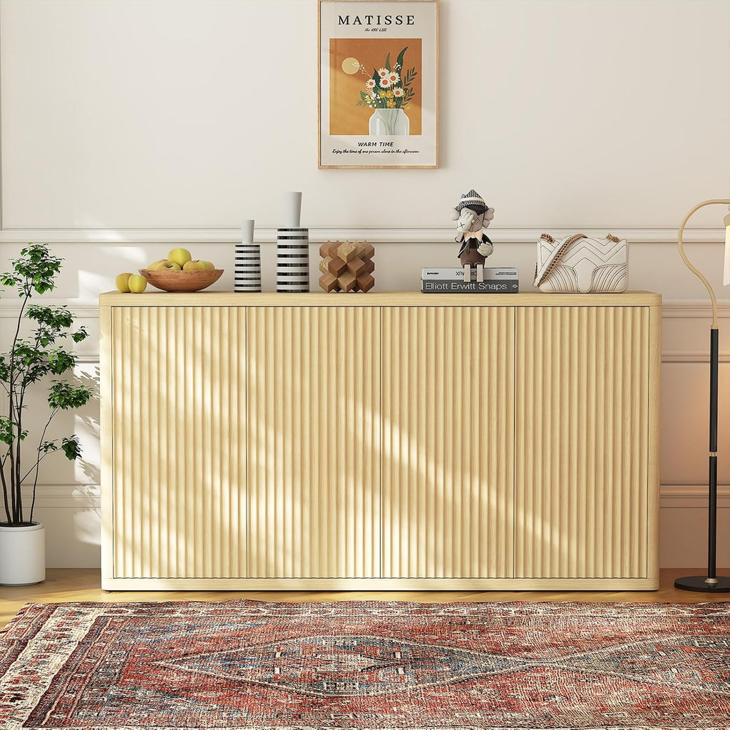 66.3In Large Sideboard Buffet Cabinet, Kitchen Modern Fluted Cupboard Coffee Bar Console Table Credenza Storage Cabinet with Adjustable Shelves for Living Room Hallway, 4 Doors