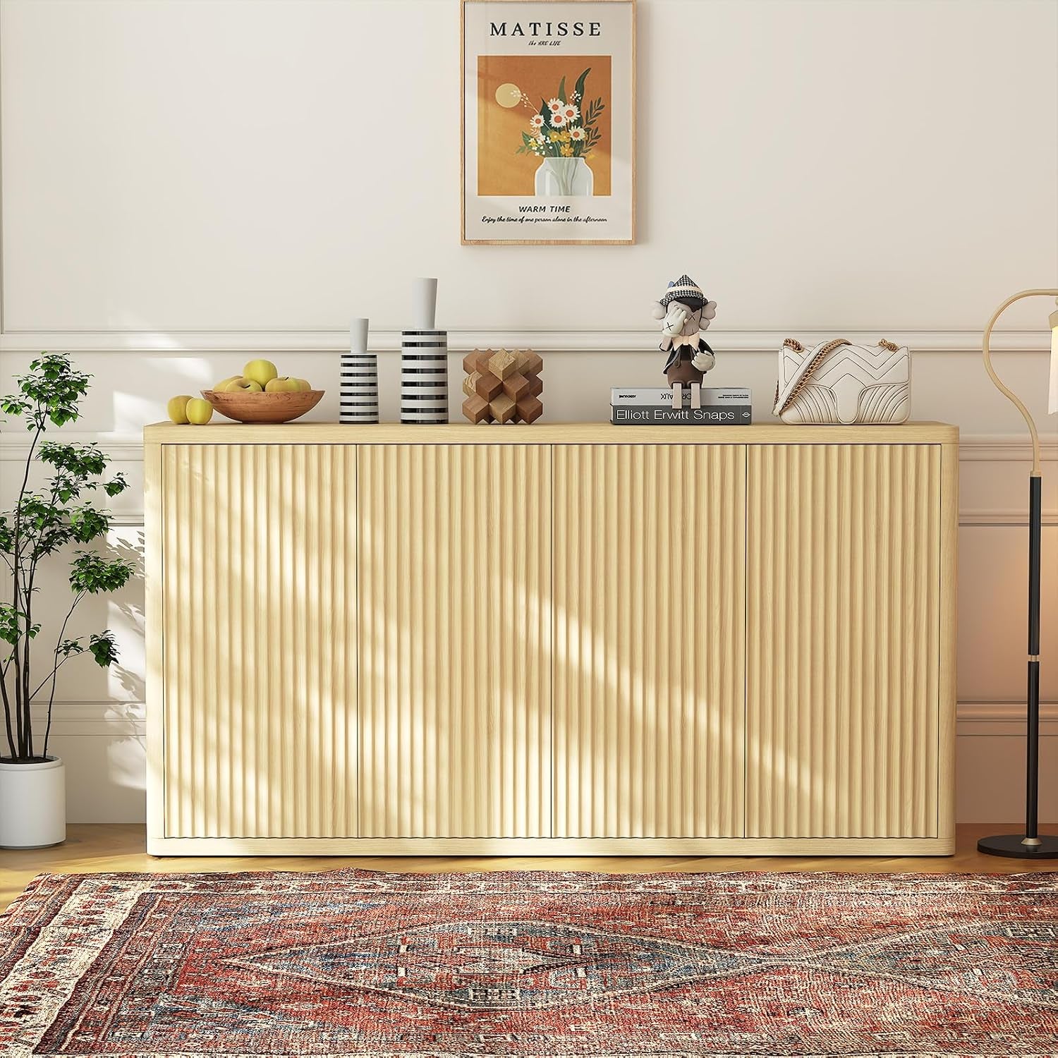 66.3In Large Sideboard Buffet Cabinet, Kitchen Modern Fluted Cupboard Coffee Bar Console Table Credenza Storage Cabinet with Adjustable Shelves for Living Room Hallway, 4 Doors