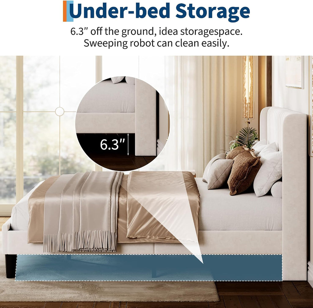 Queen Size Velvet Bed Frame/Vertical Channel Tufted Wingback Headboard/Upholstered Platform Bed/Wood Slats/No Box Spring Needed/Easy Assembly/Beige