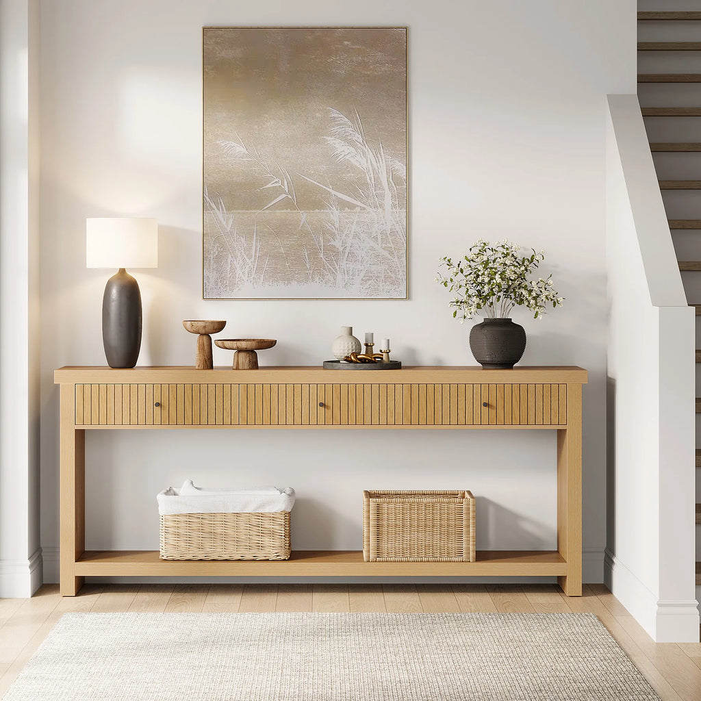 70.9 Inch Console Table with 3 Drawers, Extra Long Entryway Table, Wood Sofa Table Oak Furniture with Open Storage Shelves Wooden Couch Table