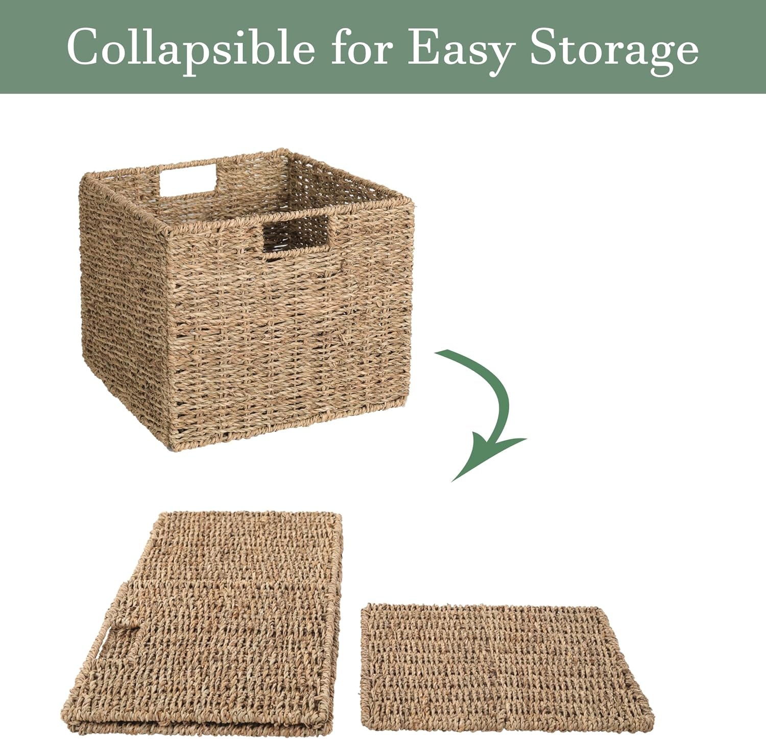 12X12X10In Seagrass Storage Baskets Set of 4, Large Wicker Storage Basket, Decorative Seagrass Shelf Basket, Pantry Baskets Organization,Folding Storage Cube Bins