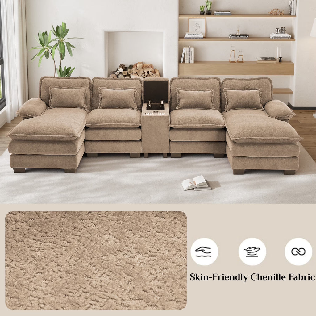 133" U Shaped Cloud Couch Modular Sectional Couches for Living Room Fluffy Chenille Deep Seat Sofa Set with Double Chaise Lounge, Storage Central Console, Cup Holders, USB Port, Light Brown