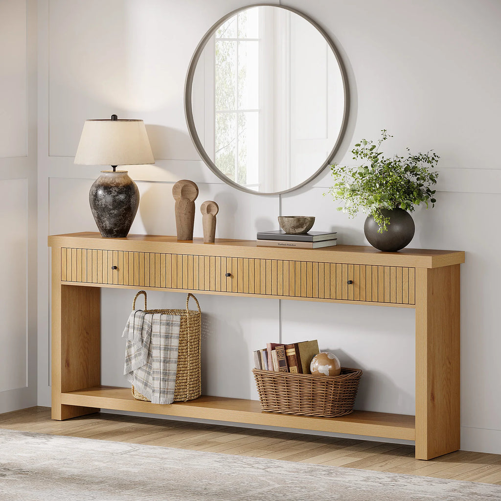 70.9 Inch Console Table with 3 Drawers, Extra Long Entryway Table, Wood Sofa Table Oak Furniture with Open Storage Shelves Wooden Couch Table