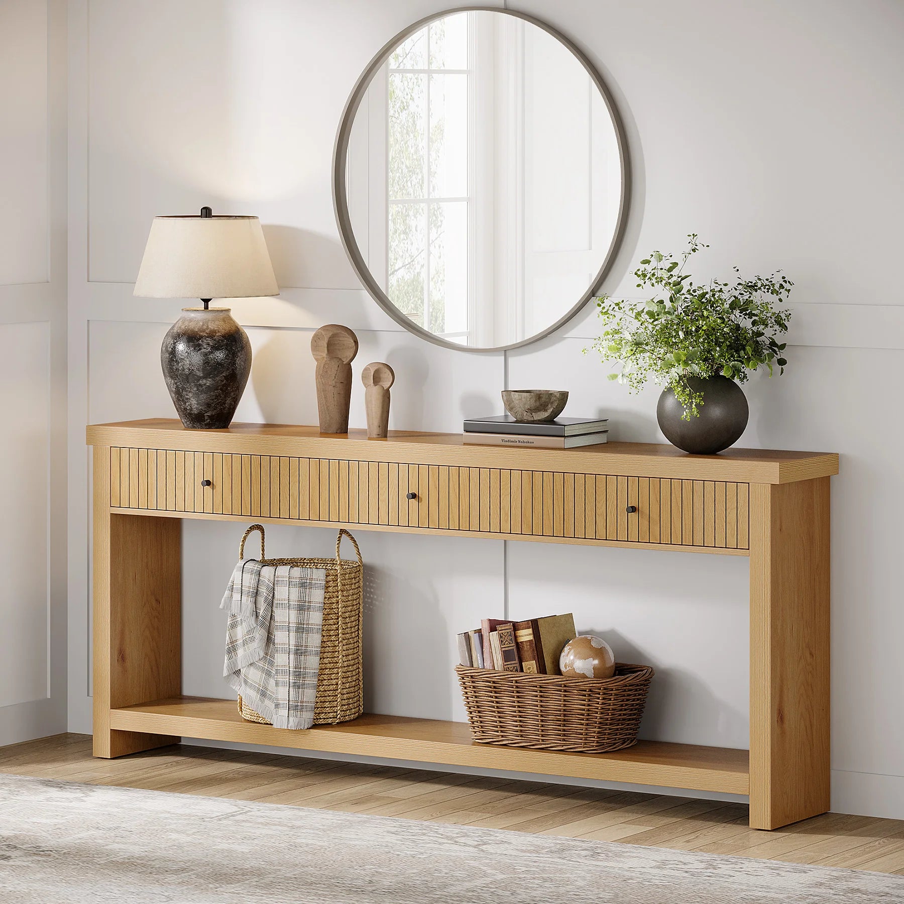 70.9 Inch Console Table with 3 Drawers, Extra Long Entryway Table, Wood Sofa Table Oak Furniture with Open Storage Shelves Wooden Couch Table