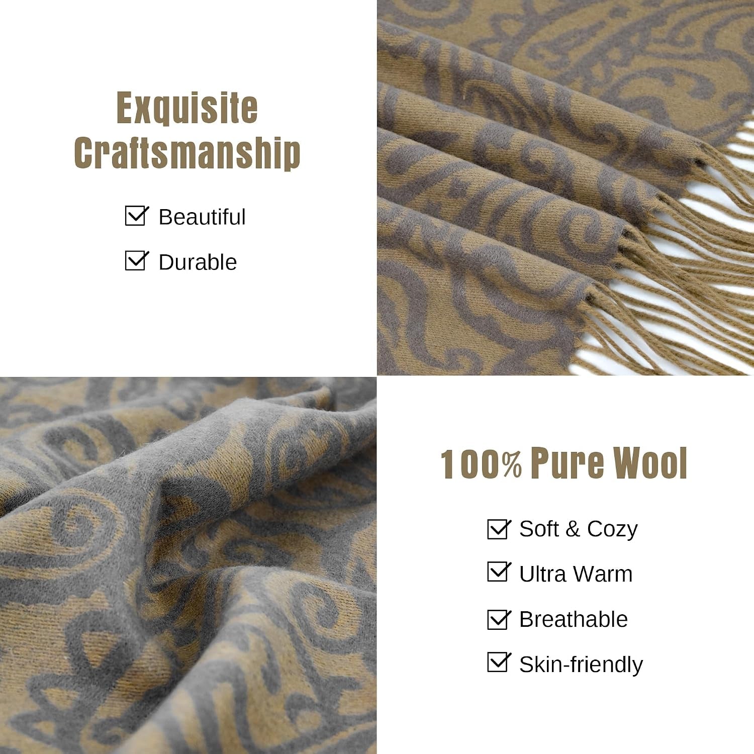 100% Wool Throw Blanket for Couch 50'' X 88''- Pure Wool Throw Blanket with Fringe, Soft Comfy Blanket for Couch Bedroom Lounge Chair Daybed, Khaki Couch Blanket for Minimalist Home Decor