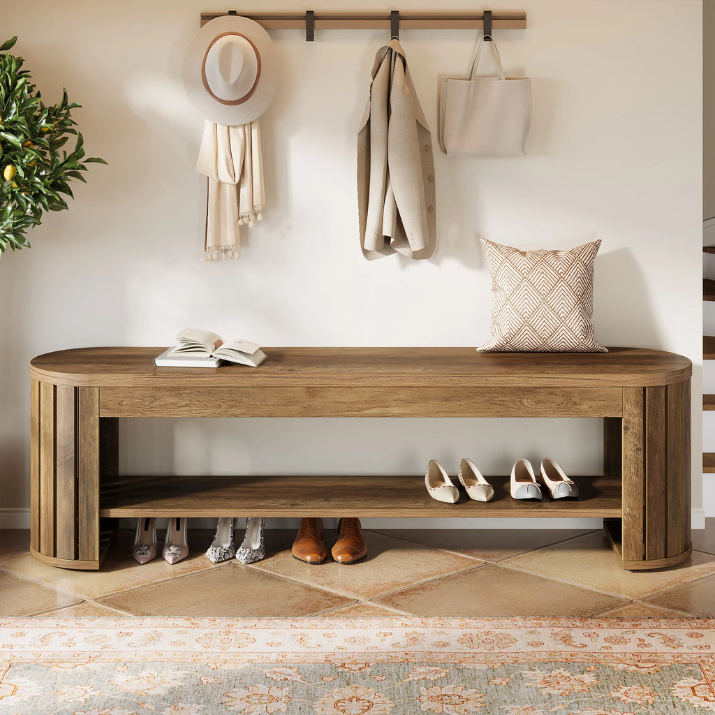 Tribesigns 63" Wooden Entryway Bench with Shoe Storage, Long 2-Tier Narrow Shoe Bench with Arc Vertical Slat Splicing Legs, End of Bed Stool for Bedroom, Entrance, Living Room (Brown)