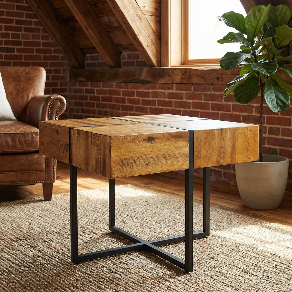Landon End Table, Solid Wood with Black Metal Frame