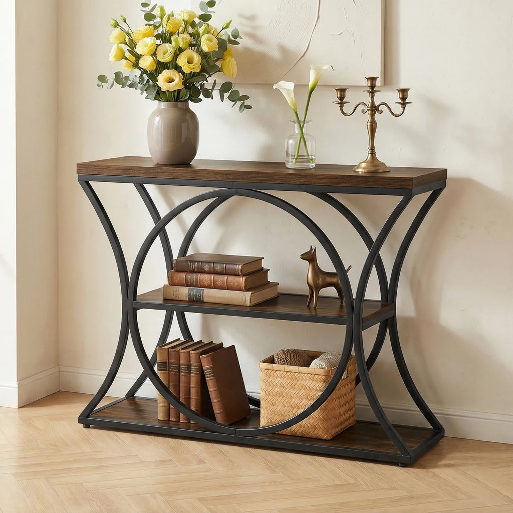 43.34-Inch Industrial Console Table, 3-Tier Sofa Table with Arched Metal Frame, Narrow Accent Entryway Tables with Storage Shelf for Living Room, behind Couch, Hallway, Foyer, Small Spaces