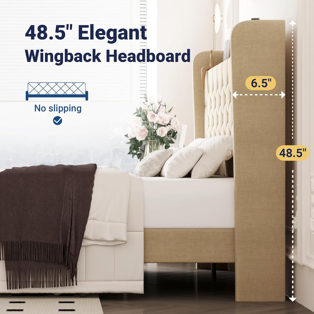Queen Bed Frame, Storage Headboard & Charging Station, Beige | Velvet Upholstered Platform Bed with Button Tufted Wingback Headboard, No Box Spring Needed, Noise-Free, Easy Assembly