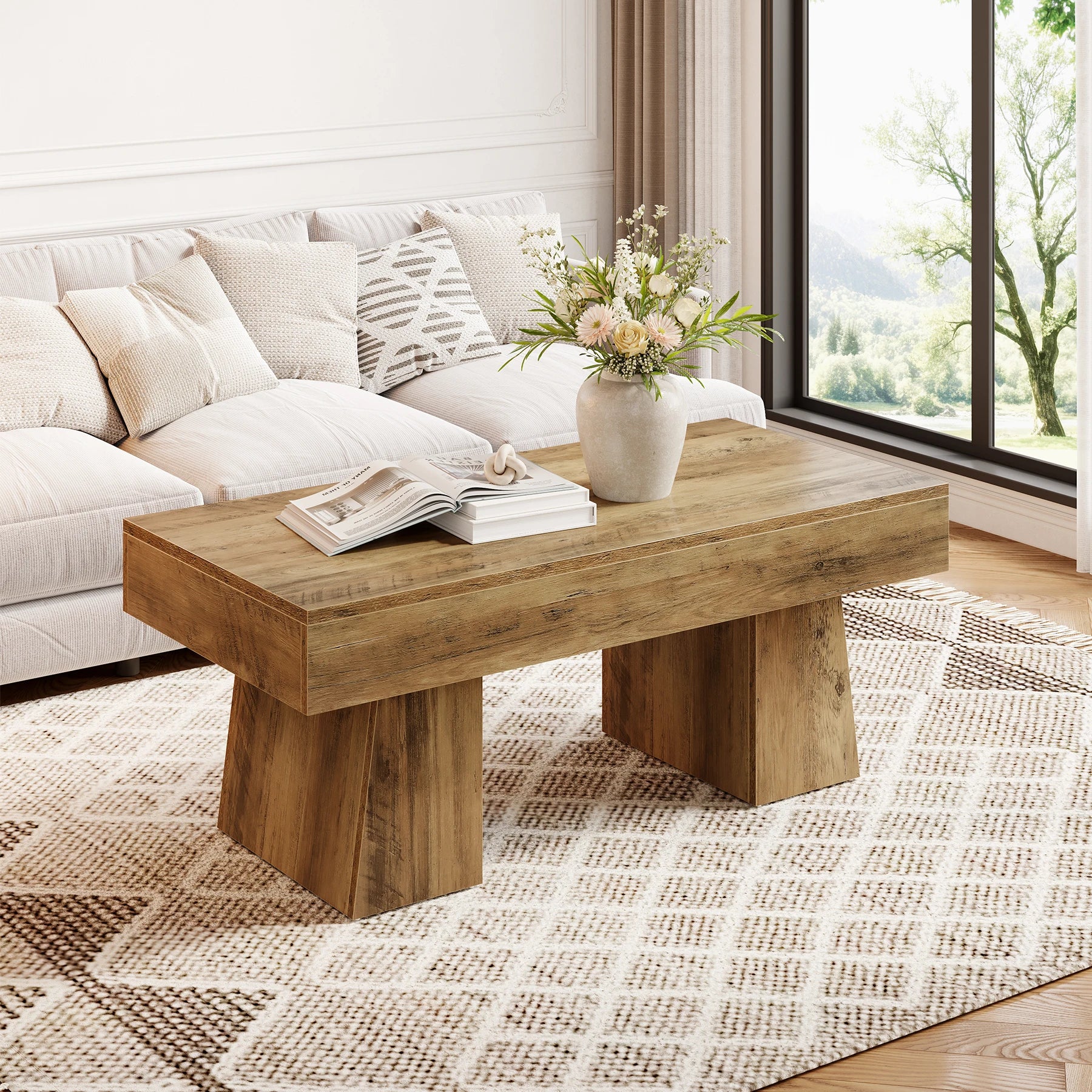 Vintage Coffee Table, 120Cm Wooden Accent Center Tables with Thick Base, Modern Low Cocktail Tea Furniture For