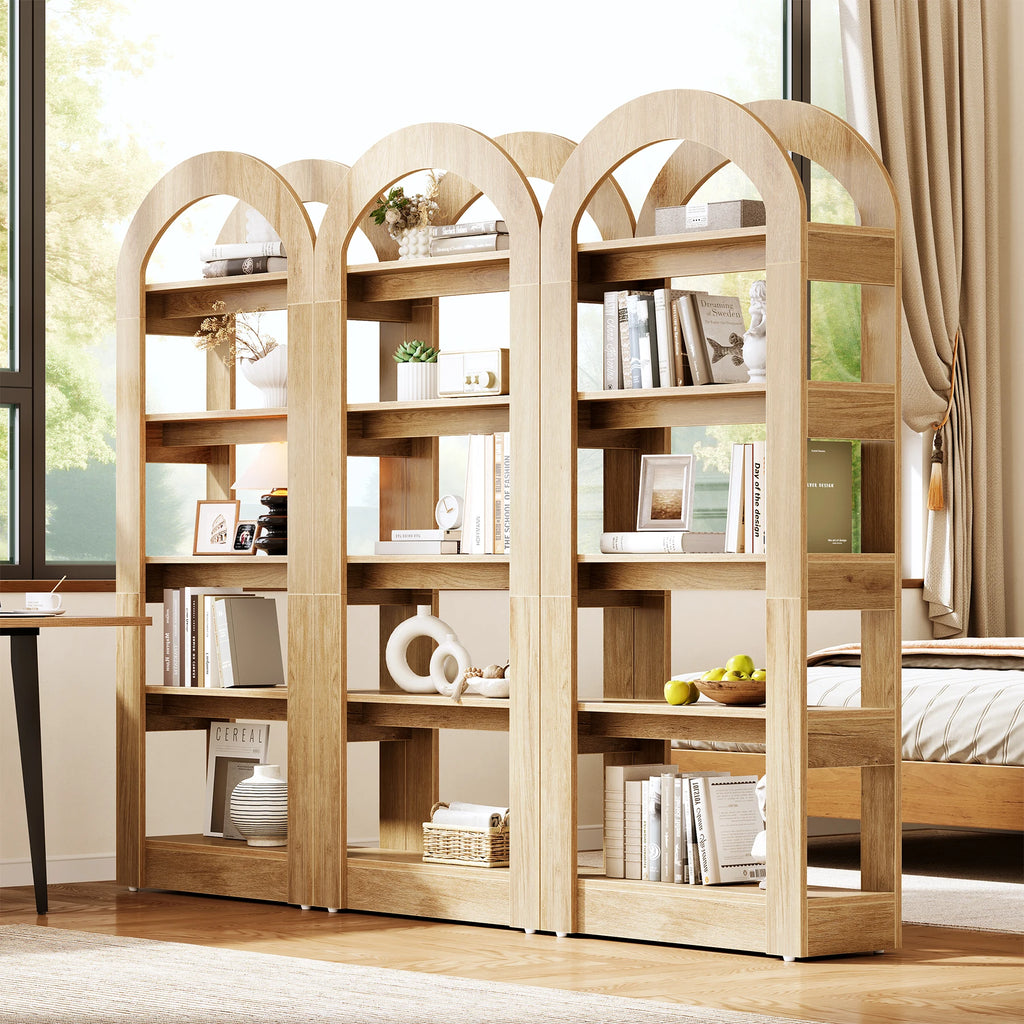 70.87” Tall Arched Bookshelf, Rustic Oak Bookcase with 5-Tier Storage, Modern Decorative Display Shelf for Living Room, Bedroom, Office (31.5” W X 11.81” D)