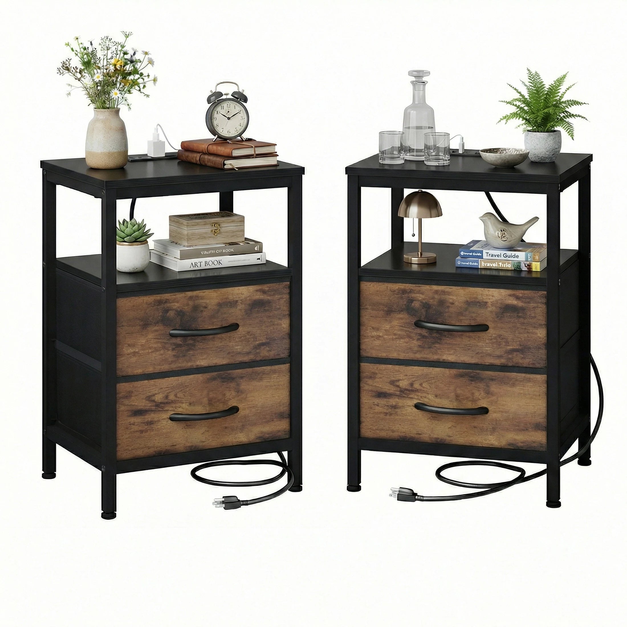 2 Fabric Drawers Nightstands Set of 2 with Open Shelf Bedside Table with USB Ports Charging Station for Living Room Bedroom
