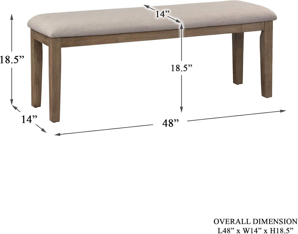 Blair Upholstered Dining Bench, 48" W Entryway Bench, Sturdy Solid Wood Frame, Wire Brush Brown Finish, Comfortable Cushion Seat, Easy Assembly, Modern & Traditional, Gray/Brown