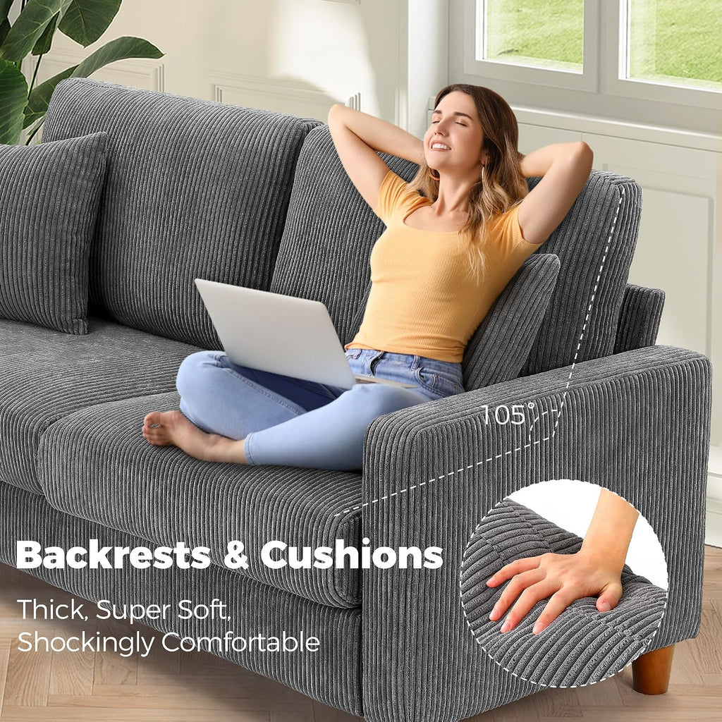 70In Corduroy Couch, Small Loveseat Sofa, Grey Corduroy Couch | No Tool Assembly, Comfy Couches for Living Room, Small Loveseat Sofa, 21In Deeper Seat, Sofas for Living Room & 2 Pillows