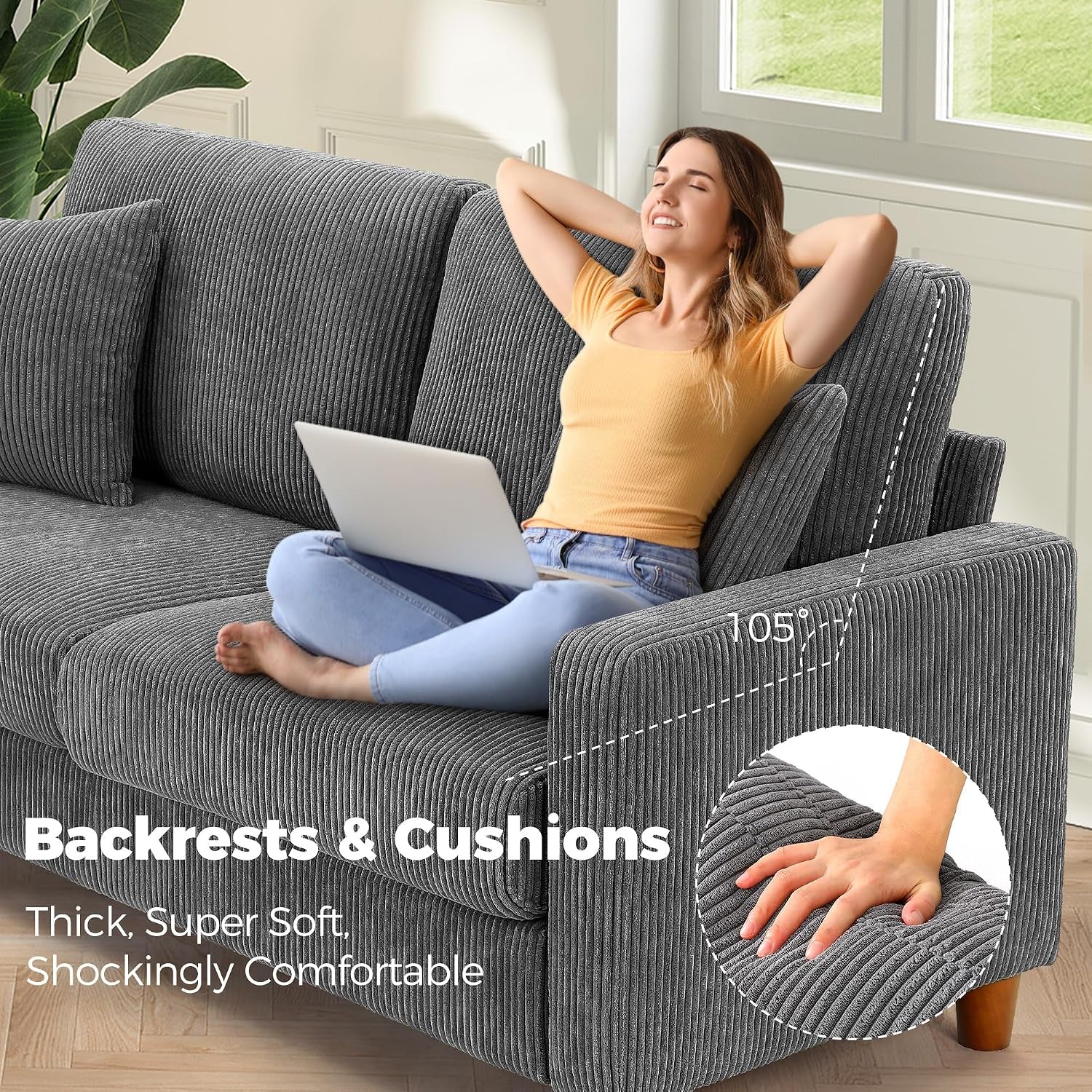 70In Corduroy Couch, Small Loveseat Sofa, Grey Corduroy Couch | No Tool Assembly, Comfy Couches for Living Room, Small Loveseat Sofa, 21In Deeper Seat, Sofas for Living Room & 2 Pillows