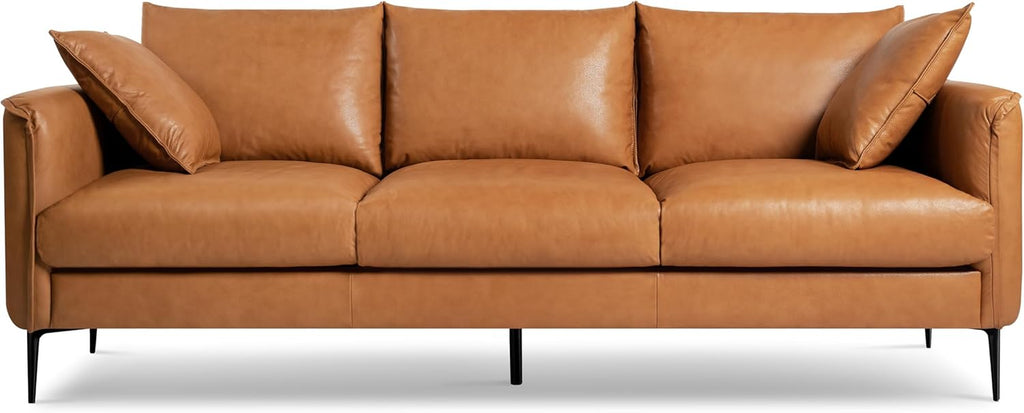 Valencia Jasper 85" Cognac Tan Brown 3 Seater Full Leather Couch | Mid Century Sofa with 2 Pillows for Living Room Furniture | Plush Cushions, Nappa Leather Lounge Couch