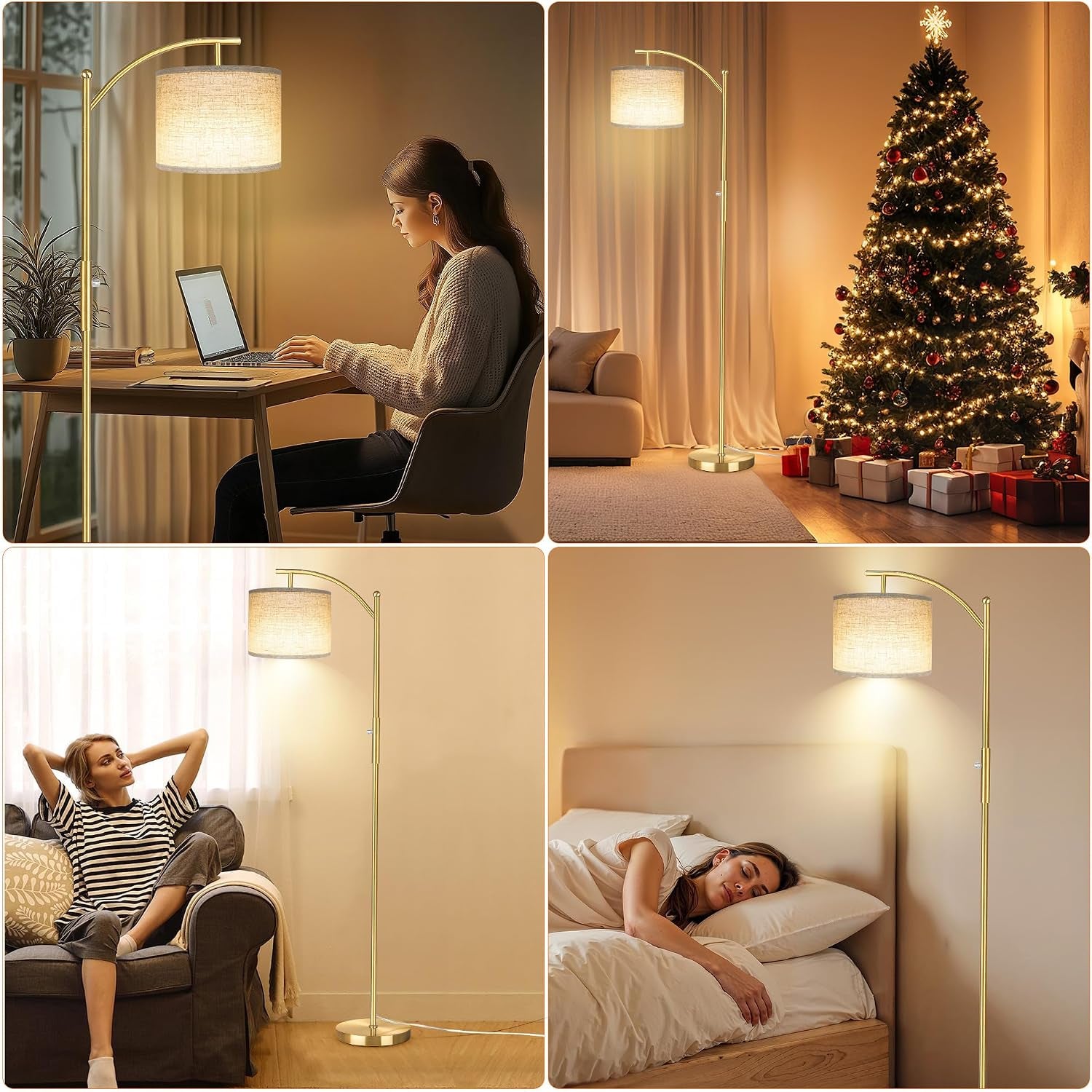 Dimmable Floor Lamp, Arc Floor Lamps for Living Room, Stepless Dimming Modern Standing Lamp with Linen Shade, Tall Lamp for Bedroom Office Dining Room- Brushed Gold