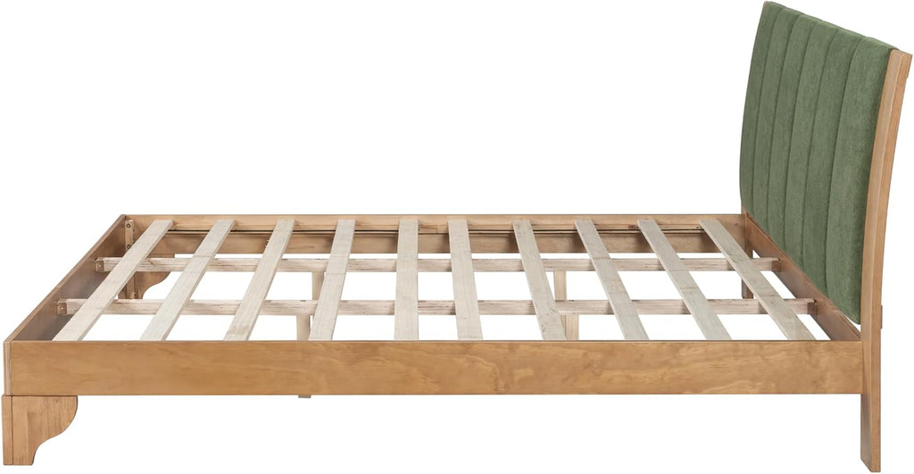 King Size Pine Wood Bed Frame with Headboard, Mid Century Modern Solid Wood Platform Bed Frame King, No Box Spring Needed, Green+Natural