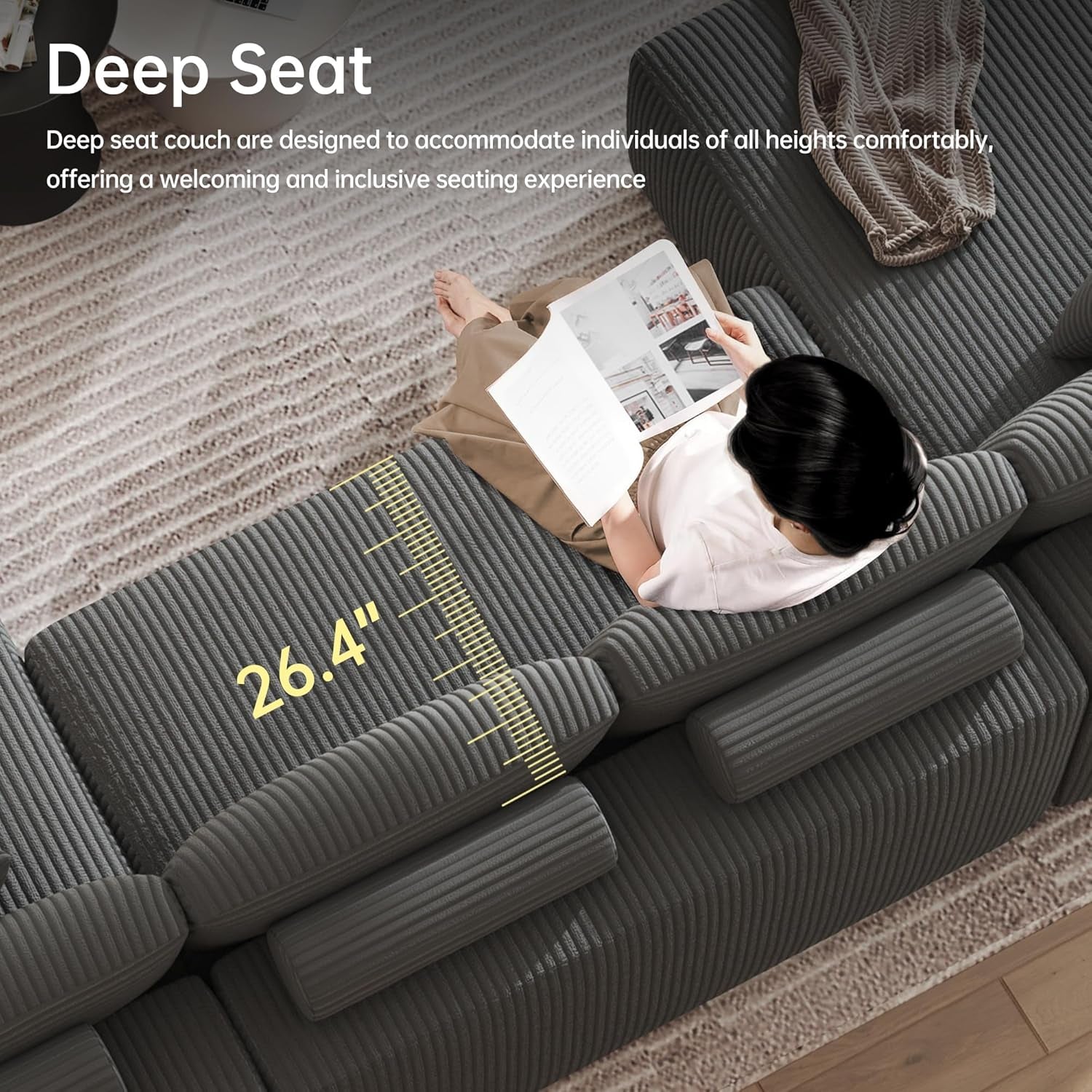 126" Oversized Cloud Couch, U-Shaped Boneless Sectional with Deep Seat Gray | Deep Seat Modular Sofa, Corduroy Boneless Sofa with Chaise, No Assembly Required