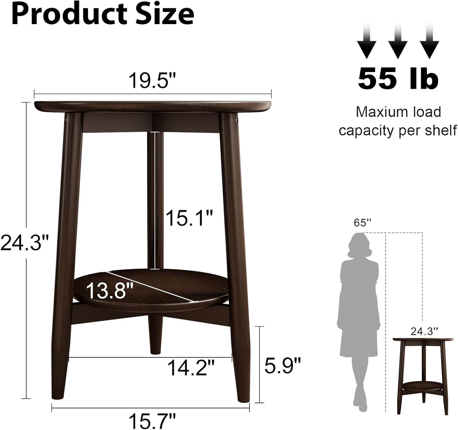 Solid Wood round End Table with Lower Shelf, round Side Table, Dark Walnut | Solid Wood round End Table with Lower Shelf for Storage,Small round Coffee Table.Fits Small Spaces in Living Room or Bedroom.