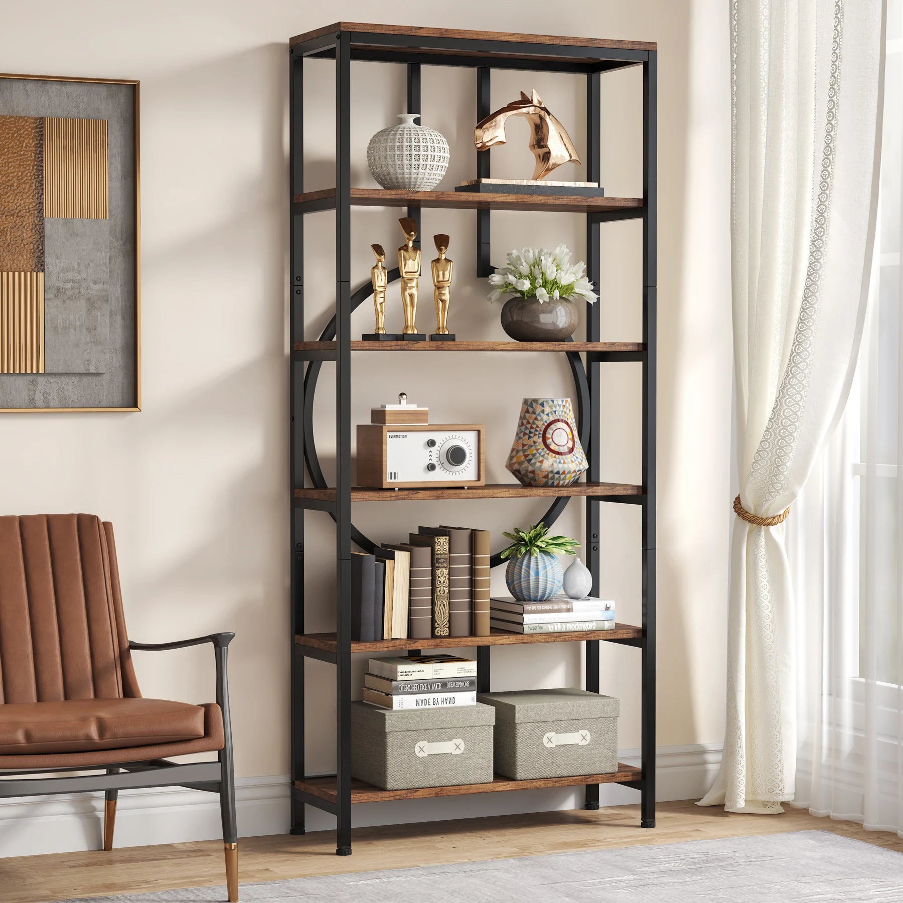 Industrial Bookshelf, Tall Bookcase with Open Shelves, Wood and Metal Display Shelf Storage Shelves