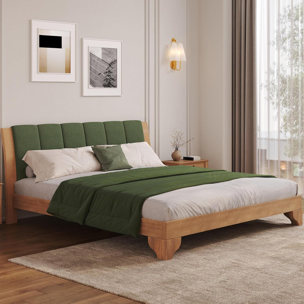 King Size Pine Wood Bed Frame with Headboard, Mid Century Modern Solid Wood Platform Bed Frame King, No Box Spring Needed, Green+Natural