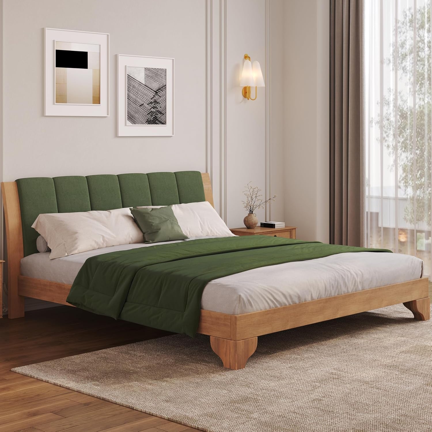 King Size Pine Wood Bed Frame with Headboard, Mid Century Modern Solid Wood Platform Bed Frame King, No Box Spring Needed, Green+Natural
