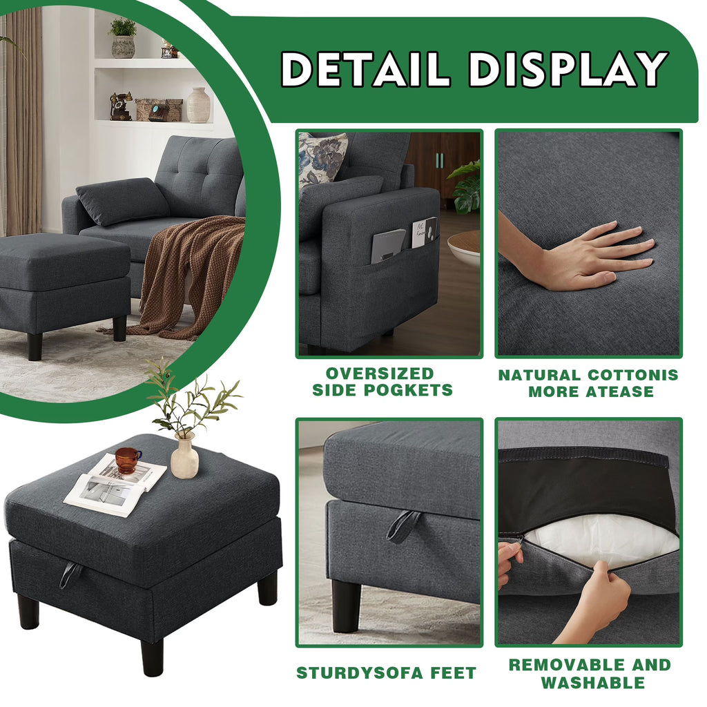 Modern Sectional Sofa with Reversible Chaise, Adjustable Backrest & Armrest, 4-Seat Convertible Couch