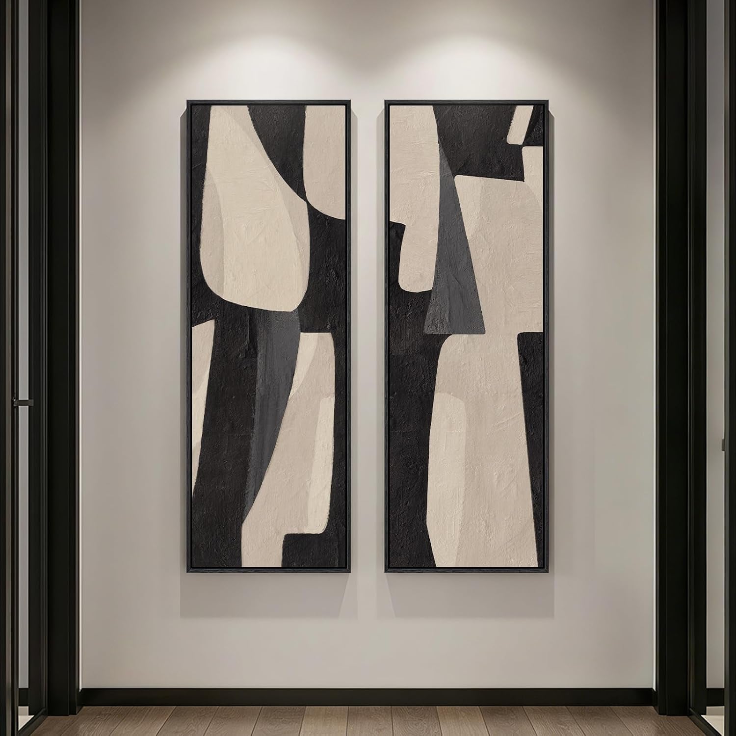 Framed Black Beige Abstract Long Vertical Wall Art for Living Room, 2 Piece | Long Narrow, Oversized, Canvas Prints, Abstract Pictures, Vertical, Modern Artwork, Black and Beige, Hallway Wall Decor