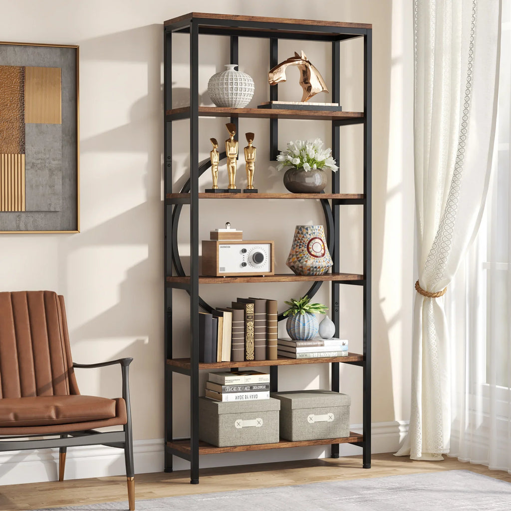 Industrial Bookshelf, Tall Bookcase with Open Shelves, Wood and Metal Display Shelf Storage Shelves