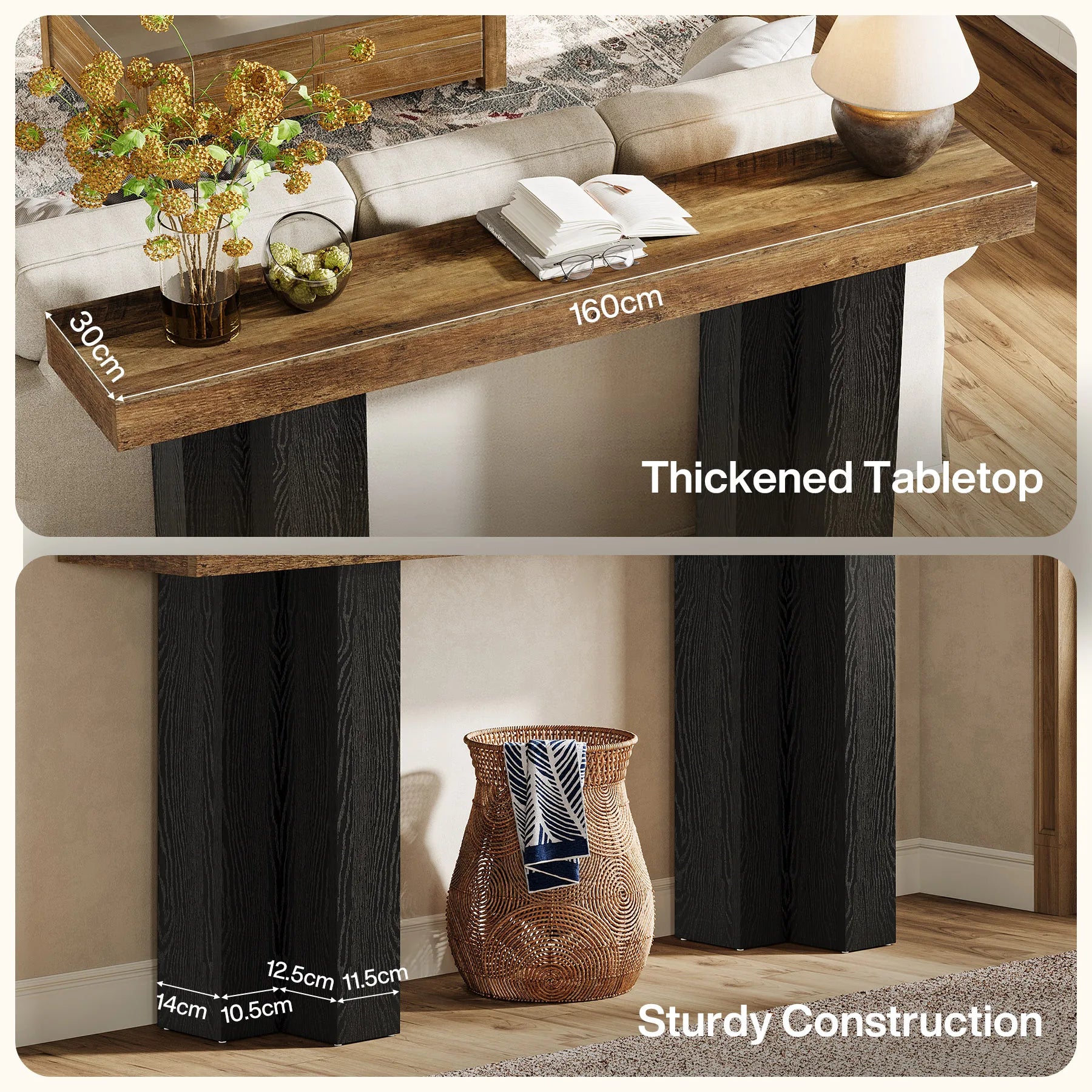 63-Inch Console Table for Entryway, Farmhouse Entryway Table with Sturdy Legs, Narrow Long Sofa Console behind Couch for Living Room, Hallway, Foyer, Rustic Brown and Black