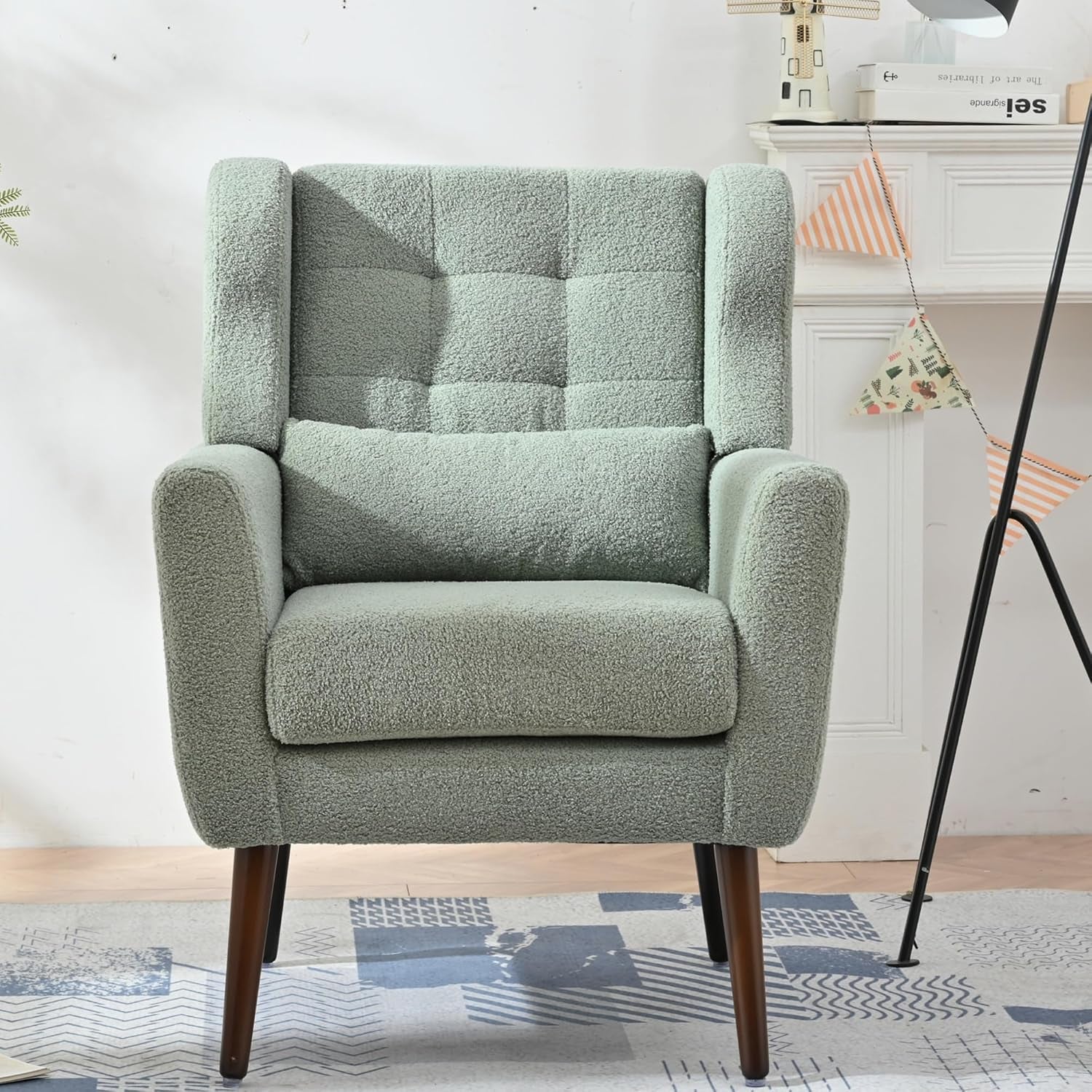 Modern Accent Chair Teddy Fabric Armchair with Pillow, Solid Wood Legs & High-Density Foam Filled, Soft Padded Lounge Chair Mid Century Reading Chair for Living Room, Bedroom, Light Green
