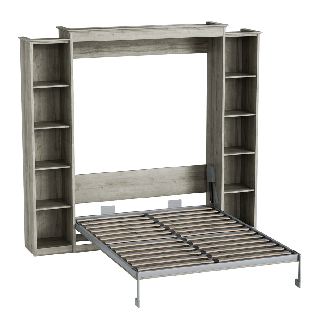 Queen Size Murphy Bed Cabinet in Grey with 5-Tier Storage Shelves, Foldable Platform Bed Wall Cabinet Bedframe for Small Space, Bedroom, Guest Room