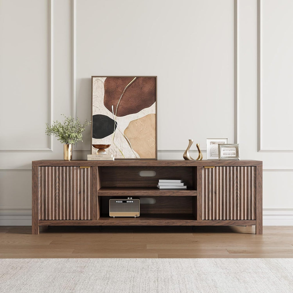Fluted TV Stand for 75+ Inch, Modern Entertainment Center with 2-Tier Storage & Adjustable Shelves, Media Console Cabinet with 2 Fluted Doors and Gold Handle for Living Room Bedroom, Walnut
