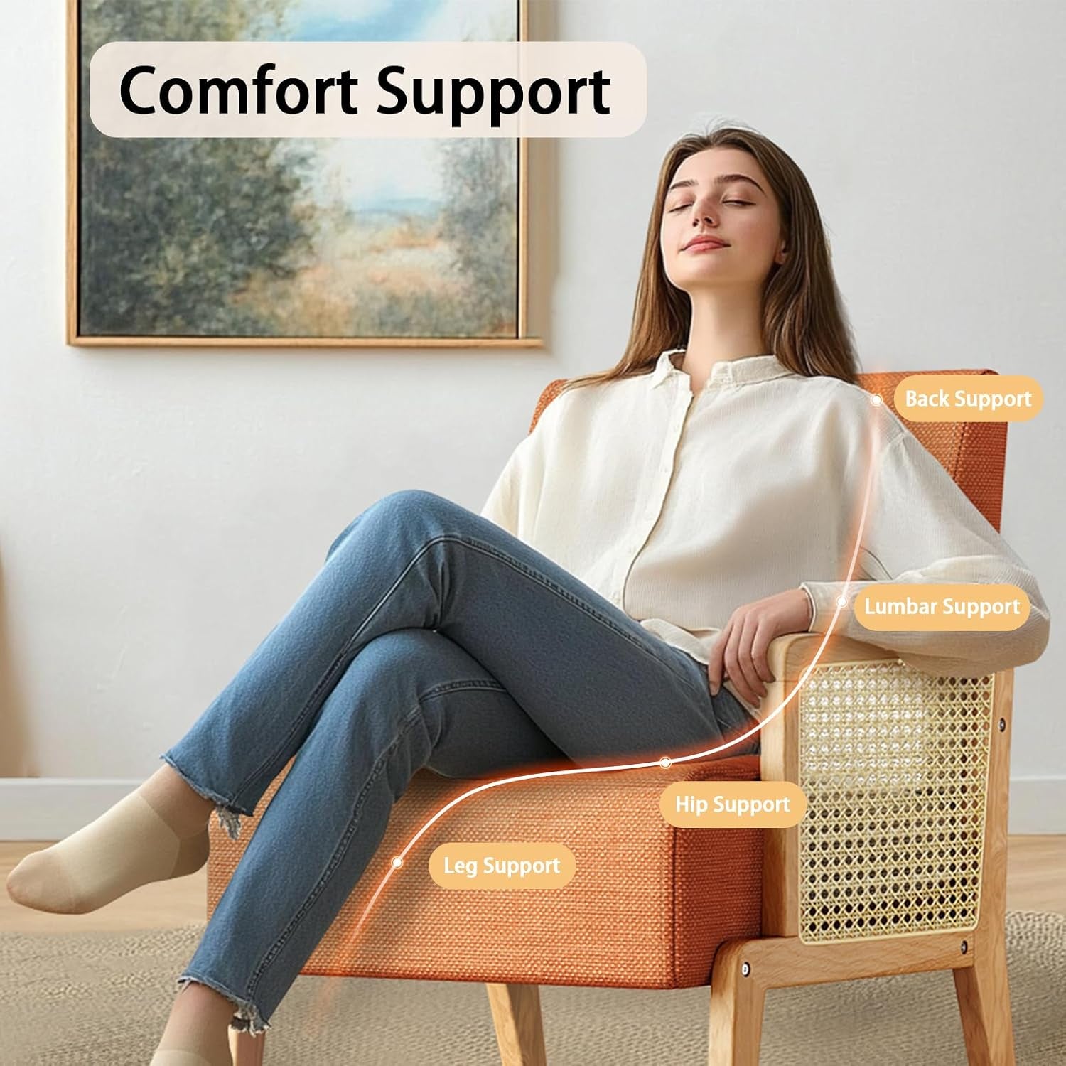 Modern Accent Chair with Rattan Armrest, Linen Fabric Arm Chair with Ash Wood Legs, Orange Accent Chair for Living Room, Bedroom, Balcony