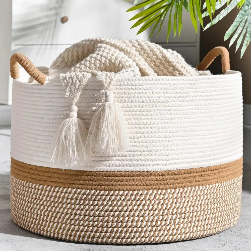 Large Blanket Basket,Woven Baskets for Storage Baby Laundry Hamper, Cotton Rope Blanket Basket for Living Room, Laundry