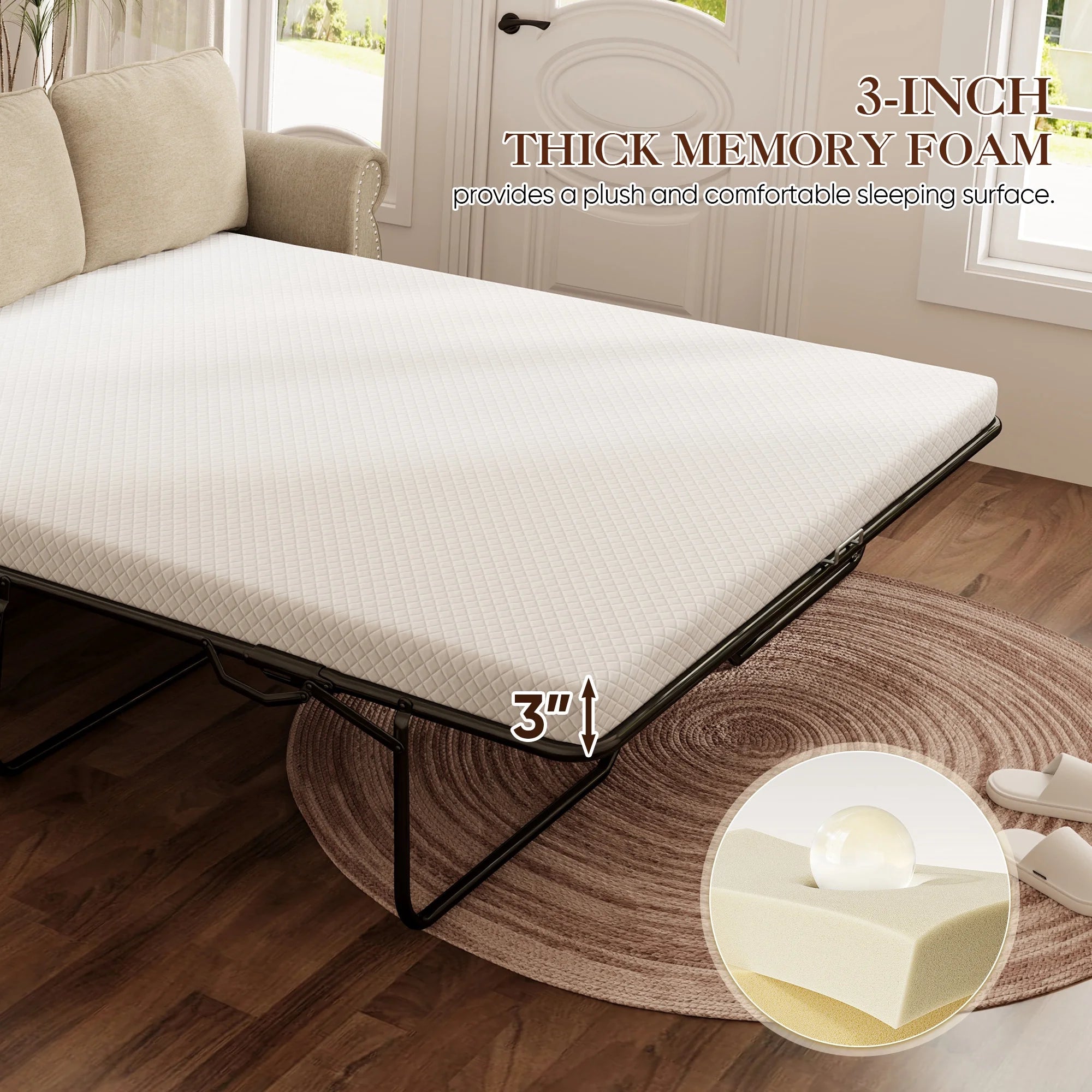 Queen Size Pull Out Sofa Bed, 2-In-1 Convertible Sleeper Couches with Memory Foam Mattress, 3 Seat Sleeper Couch Beds for Living Room, Beige