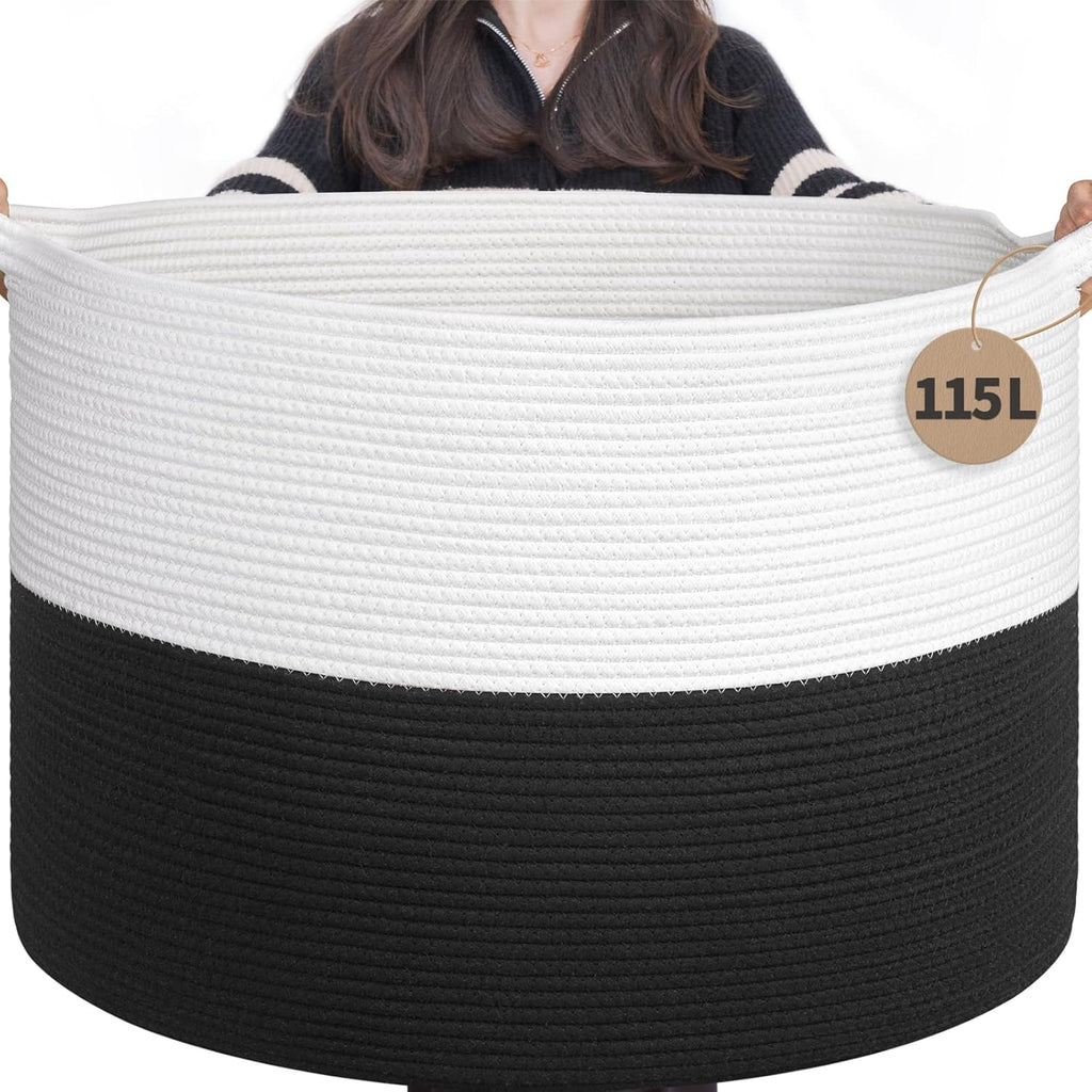 115L Extra Large Woven Rope Blanket Basket Living Room Whiteblack | 23.6" X 15.7" Storage Baskets for Toys Laundry & Pillows. Fits Living Room, Bedroom or Nursery Décor. Soft-Touch with Handles