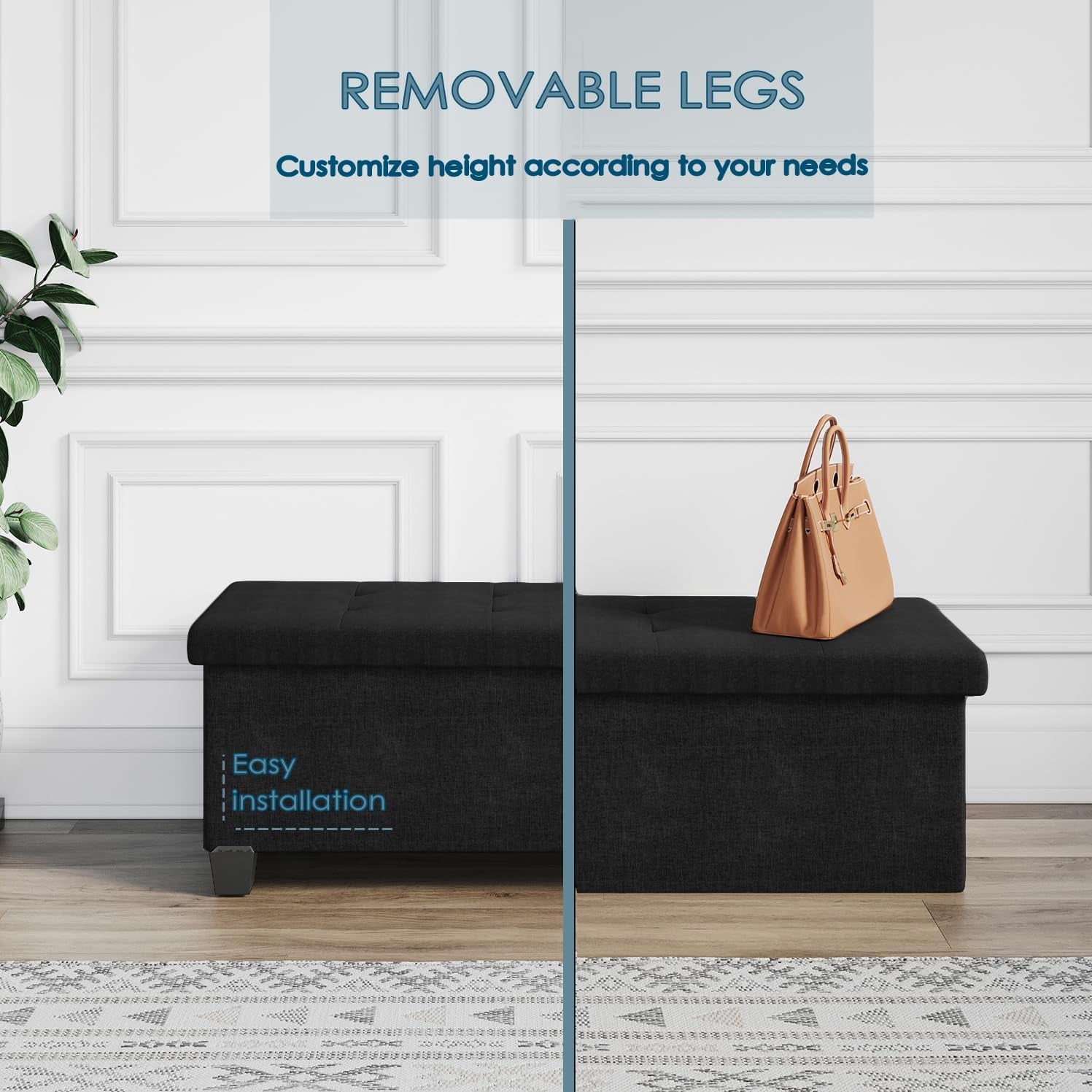 Storage Ottoman Bench with Storage Bins, 43-In Storage Bench for Bedroom End of Bed, Large Ottoman Foot Rest, Black Ottoman with Storage for Living Room, Bench with Storage Max 660Lbs, Fabric Ottoman
