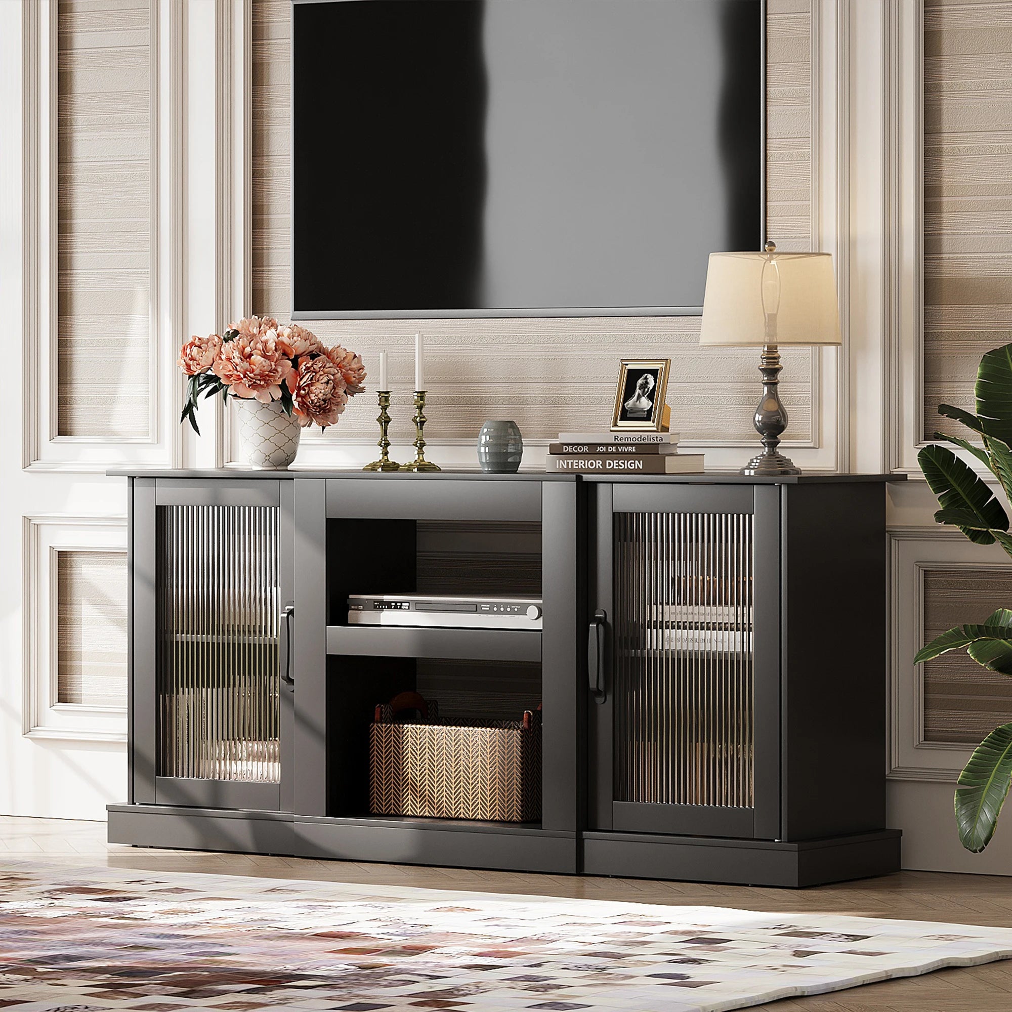 58" Farmhouse TV Stand for 65 Inch TV, Tall Entertainment Center with Storage Cabinets & Adjustable Shelves, Modern Media Console Table with Acrylic Doors for Living Room Bedroom