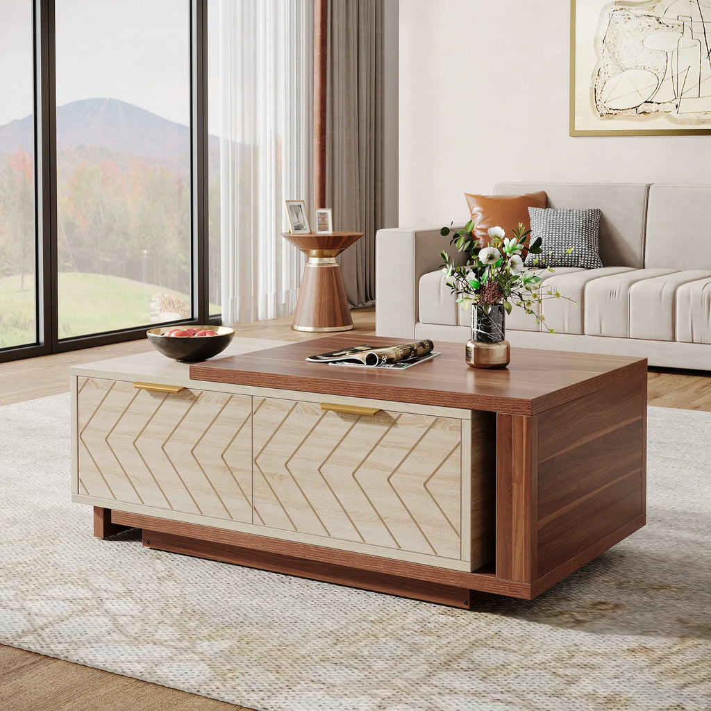 Extendable wood coffee table with storage drawers