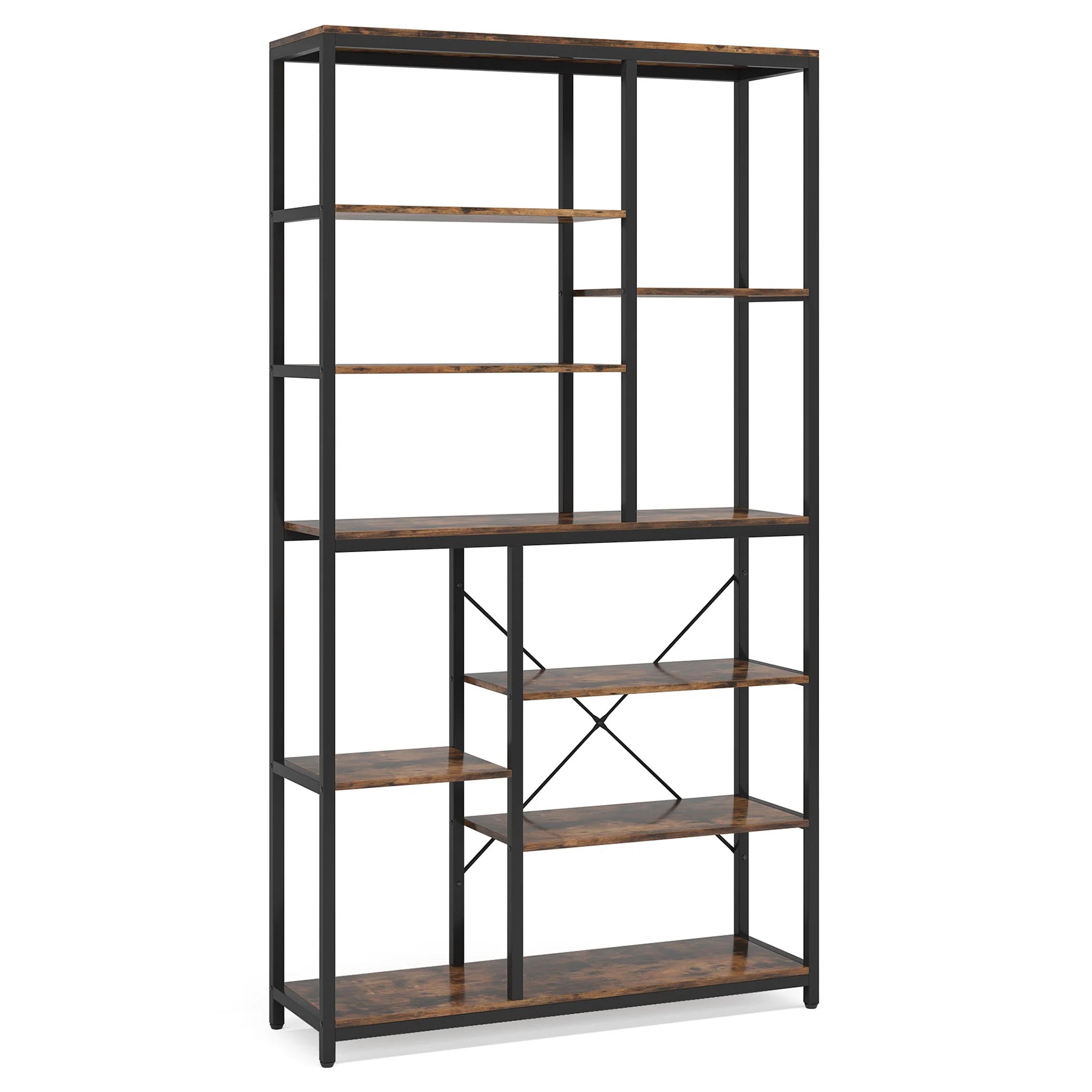 79 Inches Bookcase with Open Shelves, 9-Tier Industrial Bookshelf, 10 Cubes Etagere Storage Shelves Display Shelf