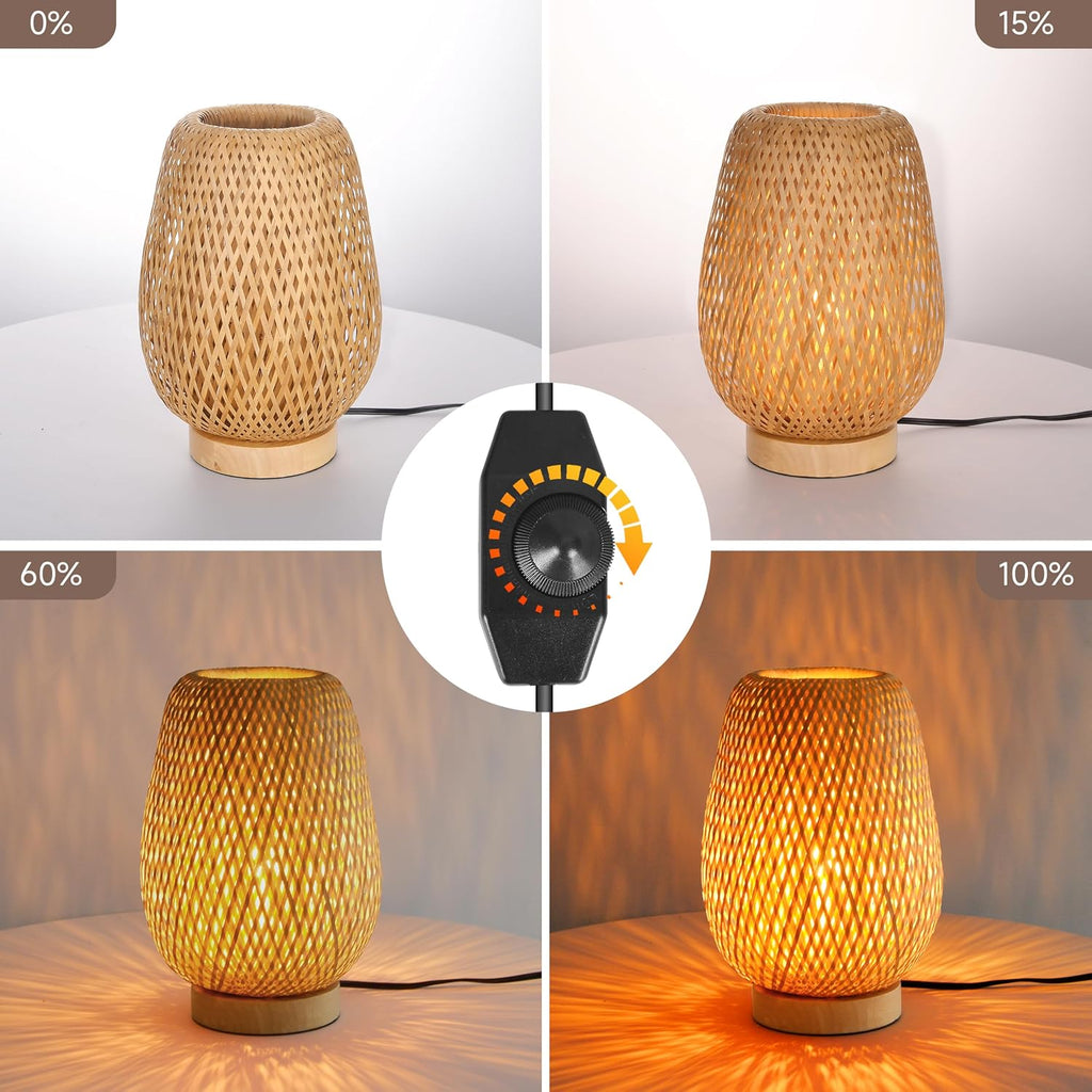 Boho Rattan Table Lamp, Stepless Dimmable Small beside Lamp, Vintage Nature Wicker Wooden Nightstand Boho Bamboo Woven End Table Lamps for Bedroom Living Room Desk Kids Room