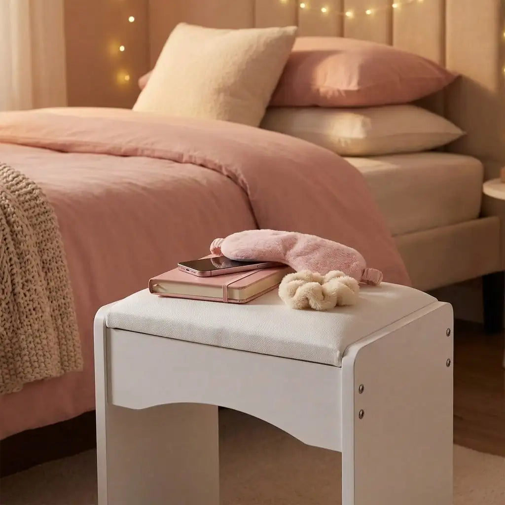 Modern Upholstered Vanity Stool with Storage, Soft Padded Seat Makeup Chair, White & Grey Accent Stool for Bedroombathroom