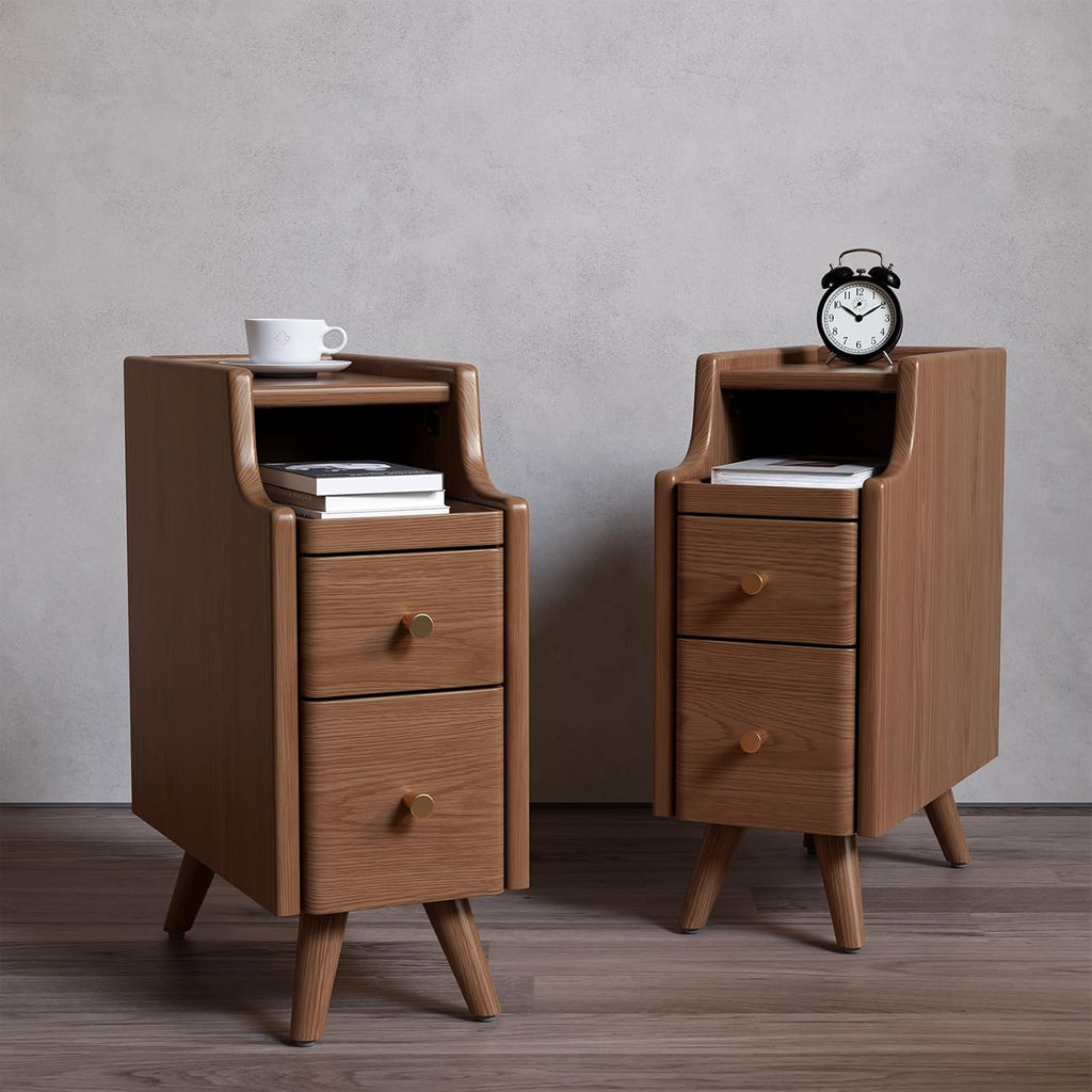 Narrow Nightstand with Drawers, Wood Bedside Table, Small Walnut Nightstand Set of 2
