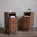 Narrow Nightstand with Drawers, Wood Bedside Table, Small Walnut Nightstand Set of 2