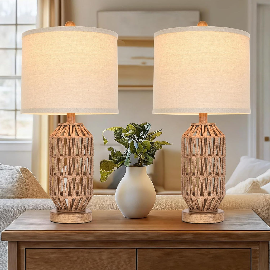 22.5” Rattan Table Lamp Set of 2, Woven Boho Lamp for Bedroom Living Room, 11X11X9 Fabric Drum Shade, E26 Base (Max 60W), Stable Wood Base for Nightstand Console