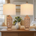 22.5” Rattan Table Lamp Set of 2, Woven Boho Lamp for Bedroom Living Room, 11X11X9 Fabric Drum Shade, E26 Base (Max 60W), Stable Wood Base for Nightstand Console