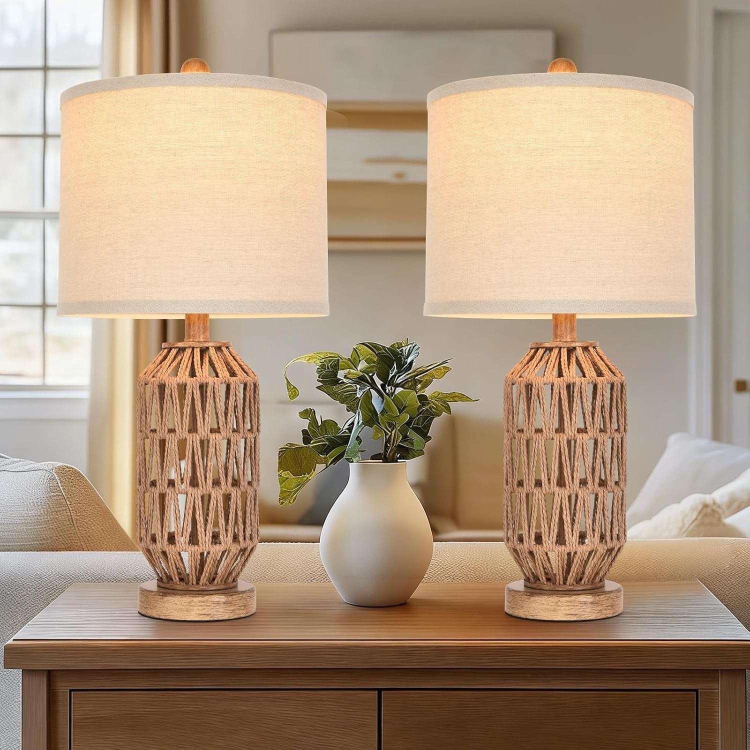 22.5” Rattan Table Lamp Set of 2, Woven Boho Lamp for Bedroom Living Room, 11X11X9 Fabric Drum Shade, E26 Base (Max 60W), Stable Wood Base for Nightstand Console