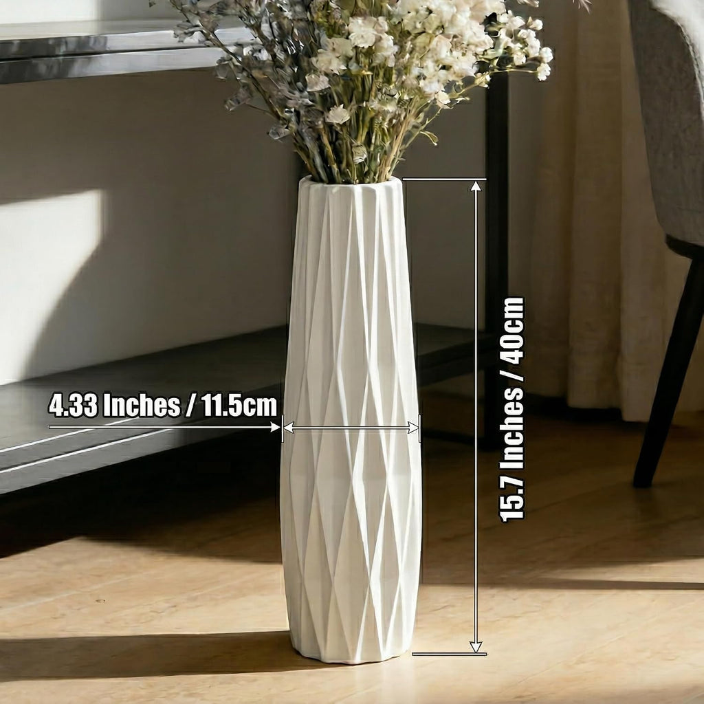 White Tall Ceramic Floor Vase, 15.7 Inch, Ribbed Design | Glossy Glazed Finish, Narrow Corners, Entryway, Bedroom, Compact Spaces